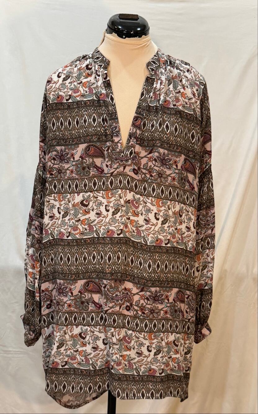 Stillwater Paisley Stripe Boho Tunic Dress Small Long Sleeve VNeck Anthropologie